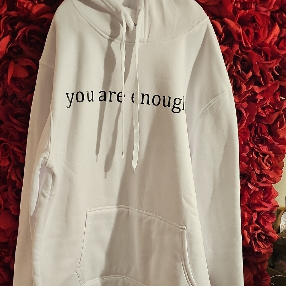 Women's White Fleece Hoodie with Inspiring Text "You Are Enough" Size XLarge